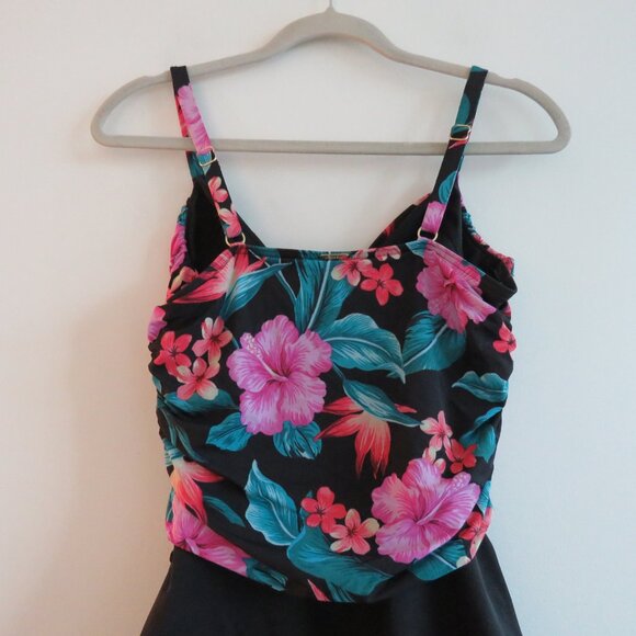 LAND'S END Tropical Floral Ruched Slimming One Piece Swimsuit Black Pink - Sz 14 - Picture 11 of 15